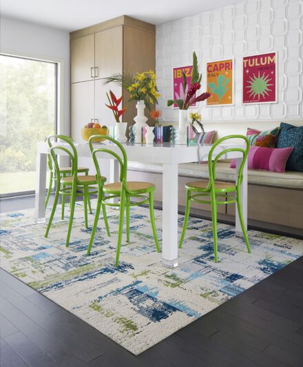  Dining table with FLOR area rug Splash Splash shown in Teal